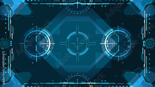 Futuristic interface with targeting reticles and complex geometric shapes