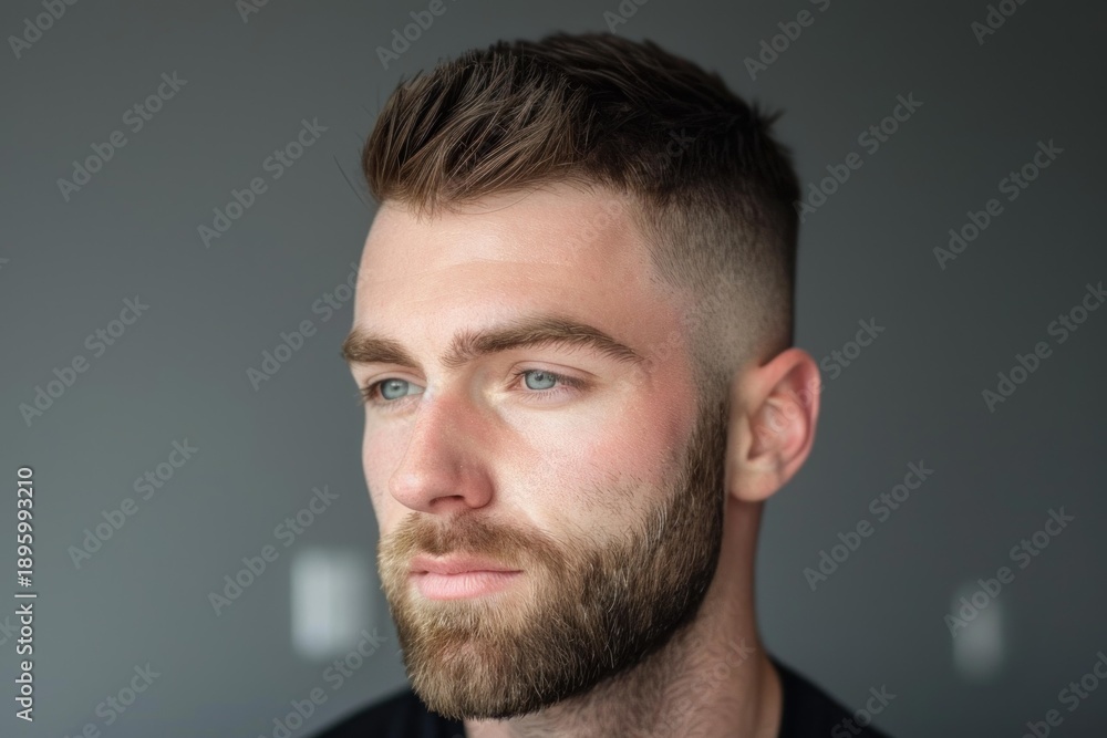 Obraz premium Close up portrait of a thoughtful young man with stylish short hair and beard, gazing into the distance against a neutral background