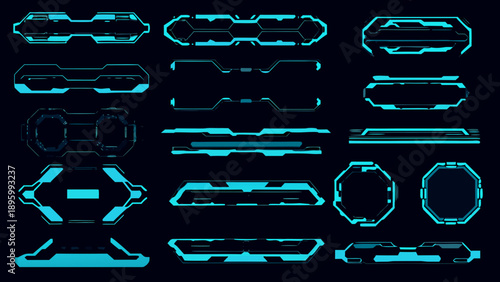 Collection of futuristic glowing blue interface elements on a dark background