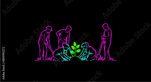 A vibrant neon illustration depicts a group of dedicated individuals collaboratively planting a small tree, symbolizing growth, community, and environmental stewardship.
