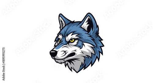 Blue Wolf Head Illustration with Yellow Eyes.