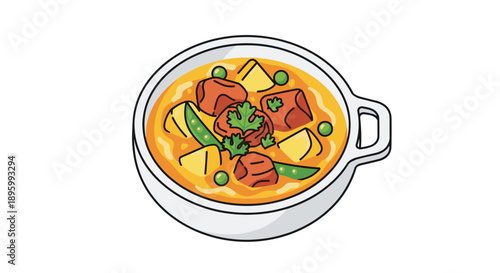 Bowl of curry with meat and vegetables.