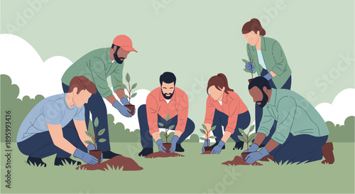 A diverse group of volunteers actively participates in a community tree planting event, contributing to environmental conservation and sustainability initiatives.