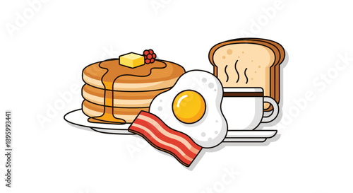 Breakfast with Pancakes Egg Bacon Coffee Toast.