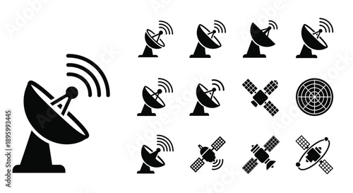 Satellite Communication Icons Set – Antenna, Dish and Space Signal Symbols for Telecom & Technology Design