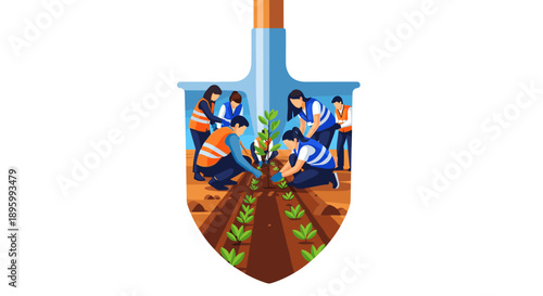 A group of dedicated volunteers actively planting trees and seedlings in rich soil, symbolizing environmental conservation and community effort within a shovel outline.