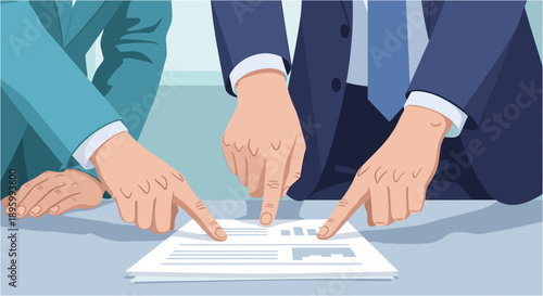 Three business professionals with their hands pointing at a document, symbolizing collaboration, analysis, and strategic planning in a corporate environment.