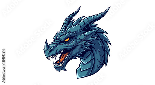 Blue Dragon Head Illustration with Open Mouth.