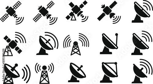Satellite Dish Signal Icons Set – Communication, Broadcast & Wireless Transmission Symbols