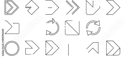 A set of nineteen outline style vector graphics featuring various directional arrows, angular indicators, and circular refresh symbols on a white backdrop.