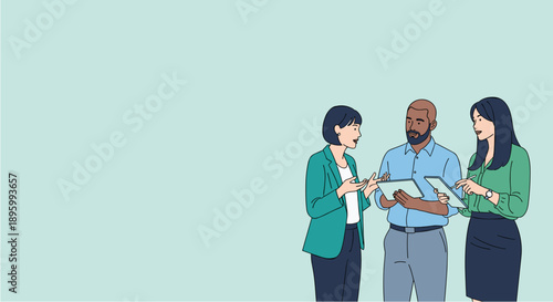 Three diverse business professionals, two women and one man, engage in a collaborative discussion while reviewing information on digital tablets.