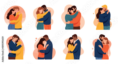 Illustration of multiple couples hugging in different poses against a clean white background with warm colors.