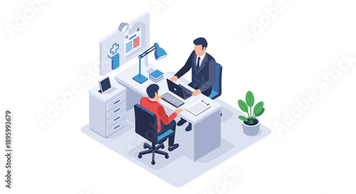 Businessman assisting colleague at office desk workstation.