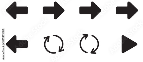 A collection of eight black directional arrows and two circular refresh icons are displayed against a plain white background for user interface design.