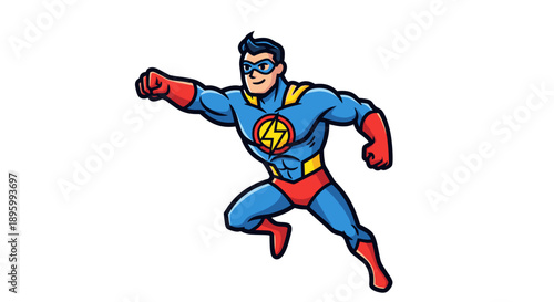 Cartoon Superhero Flying with Cape and Emblem.