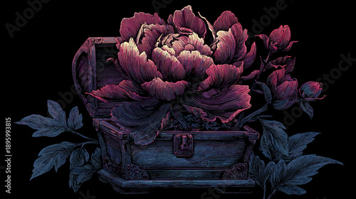 Digital art image of a blooming flower emerging from an open treasure chest on a black background