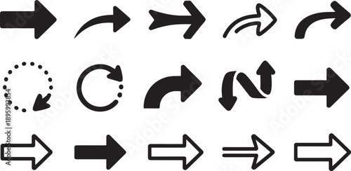 Collection of various black arrow symbols including straight, curved, dotted, and circular refresh icons displayed across a white background.