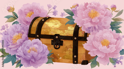 A decorative illustration depicts a chest with florals on a soft pink background