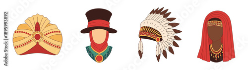 A collection of diverse cultural headwear and traditional attire, showcasing global heritage and ethnic fashion in a flat vector style.