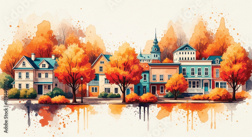A vibrant watercolor illustration of a picturesque autumn townscape featuring colorful houses and brilliant orange foliage.