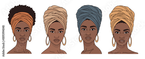 A captivating illustration showcasing four diverse African American women, each elegantly adorned with unique and colorful headwraps, highlighting cultural beauty.