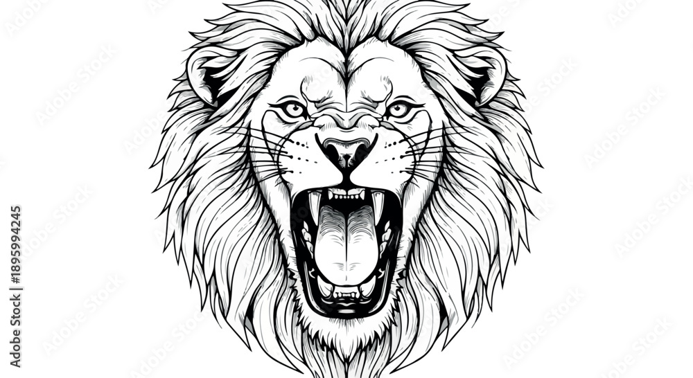 Obraz premium Detailed illustration of a roaring lion's head with a fierce expression on a plain white background.