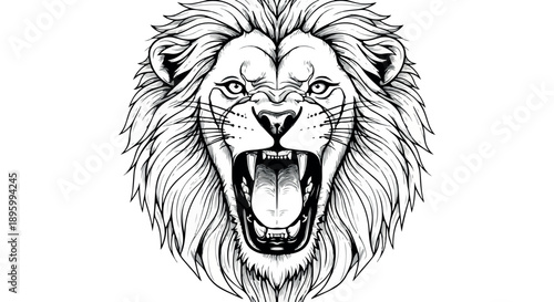 Detailed illustration of a roaring lion's head with a fierce expression on a plain white background.
