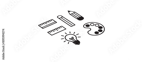 An isometric view of creative and measuring implements such as rulers, a pencil, an eraser, a lightbulb, and an artist's palette are scattered on a white surface.