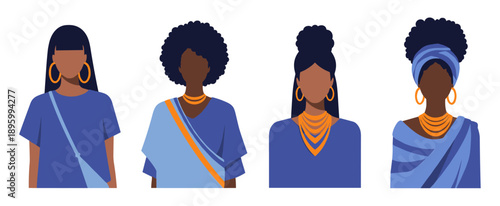 A vibrant collection of diverse African women avatars, depicted in various traditional blue attire and golden accessories, showcasing cultural richness.