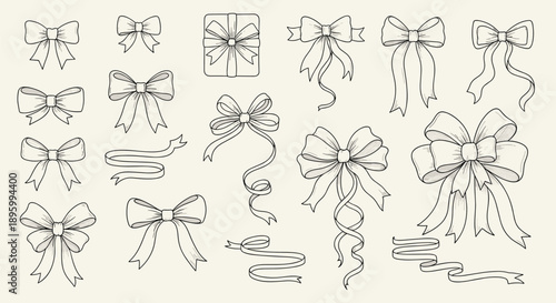 Hand-drawn sketches of elegant bows and ribbons in various styles and sizes perfect for gift wrapping or decorative design projects.
