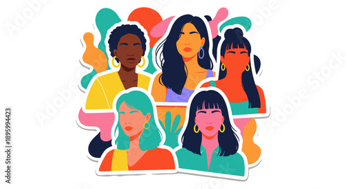 Diverse group of five women with varying skin tones and hairstyles, depicted in a vibrant, modern flat design illustration, celebrating female empowerment and unity.