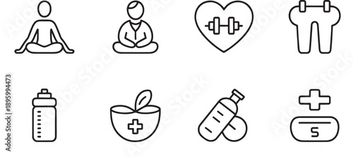 A collection of eight minimalist line icons represents various aspects of medical treatment, diet, and physical activity for health tracking.