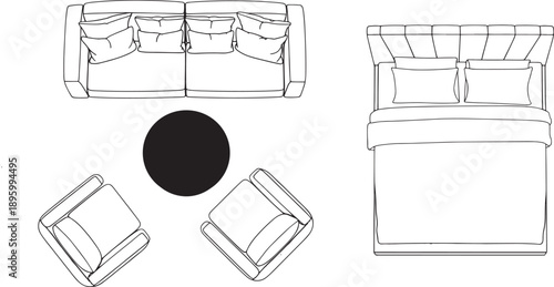 Top-down schematic drawing displays living room sofa, two armchairs, a circular rug, and a large bed for interior design planning.
