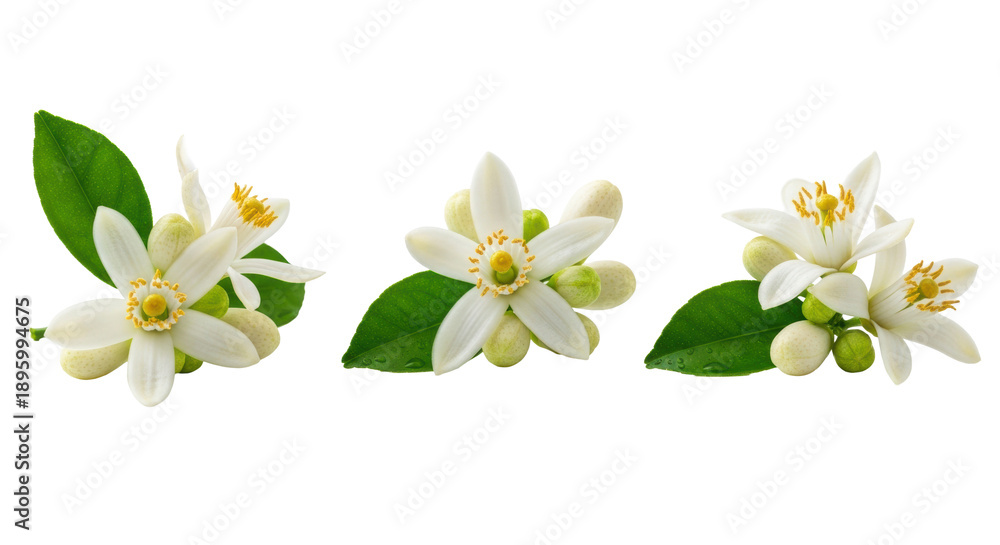 Naklejka premium Three delicate white orange blossoms featuring green buds and dew drops, arranged against a transparent studio background with sharp macro focus, suggesting natural vitality and purity