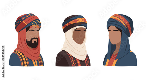 A diverse group of Middle Eastern and North African men and women, depicted in traditional headwear, showcasing cultural heritage and ethnic diversity.