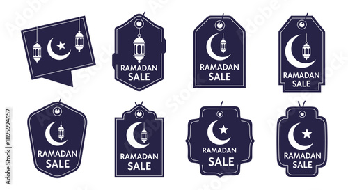 A collection of elegant Ramadan sale tags featuring crescent moon, star, and lantern motifs, perfect for promotional events and holiday discounts.