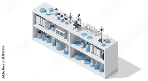 Laboratory Equipment on Shelves and Workbench.