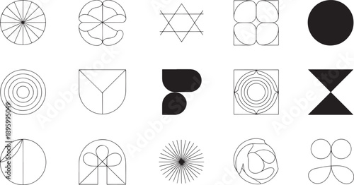 Grid display of various minimalist black line art icons features circles, stars, and abstract forms suitable for modern logo creation or branding.