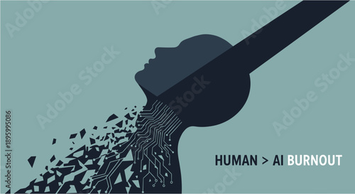 Conceptual illustration depicting the human mind's struggle against artificial intelligence, symbolizing burnout and the overwhelming nature of technology.