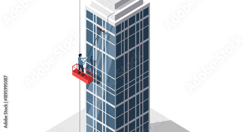 Man on Red Scaffolding Cleaning Window.