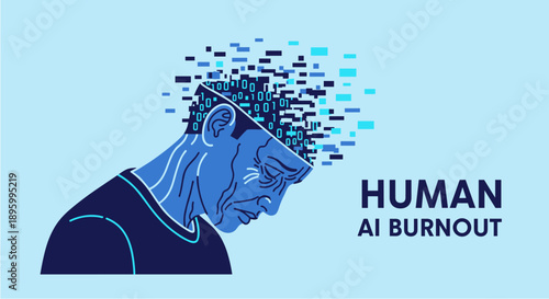 Conceptual illustration depicting a human head with a fragmenting brain, symbolizing the overwhelming effects of artificial intelligence burnout on mental well-being.