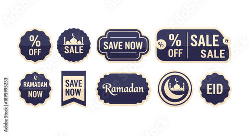 A collection of elegant dark blue and cream-colored discount and promotional labels, perfect for Ramadan and Eid sales events.