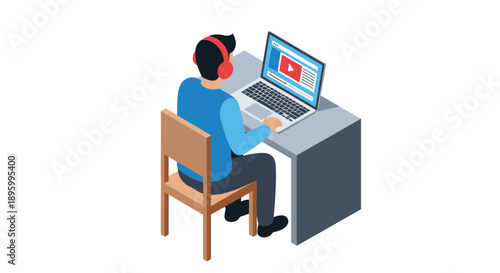 Man Wearing Headphones Working on Laptop.