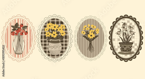 Set of four vintage oval frames containing different flower and plant arrangements with various patterned backgrounds in a nostalgic style.