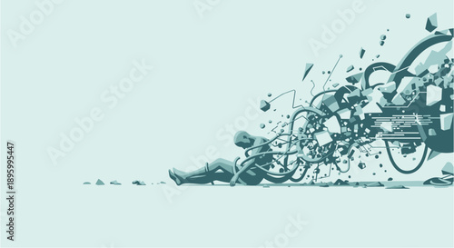 A dynamic illustration captures the dramatic moment of a bicycle crash, with fragmented components scattering across a minimalist background, conveying motion and impact.
