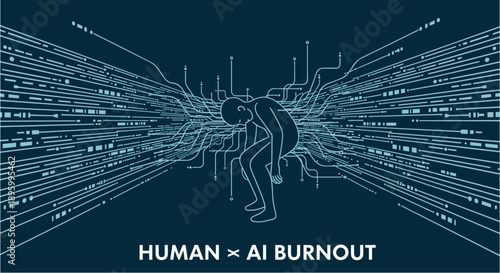 Conceptual illustration depicting the overwhelming stress and exhaustion of human interaction with artificial intelligence, leading to burnout.