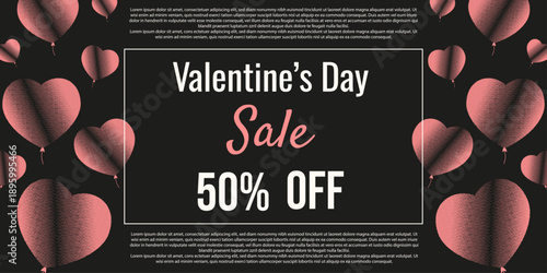 Bitmap Valentine Sale vector horizontal banner template design. Perfect Valentine Sale promotion banner with pink Bitmap heart air balloon and bold businnes message isolated black background.