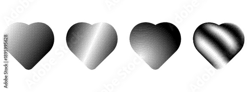 Set Bitmap effect vector black hearts isolated transparent background. Modern Gradient Bitnap texture heart collection template design. 