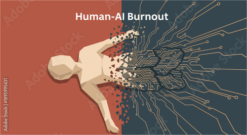 Conceptual illustration depicting the human and artificial intelligence burnout, showing a person disintegrating into circuit board elements.