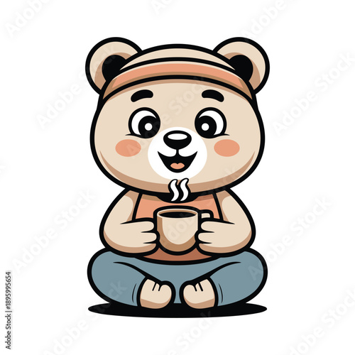 Adorable cartoon bear enjoying a warm drink in a cozy and cheerful illustration on white background 
